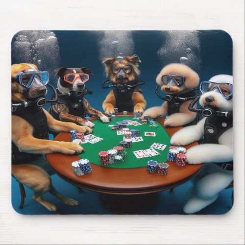 Dogs playing scuba poker mouse pad
