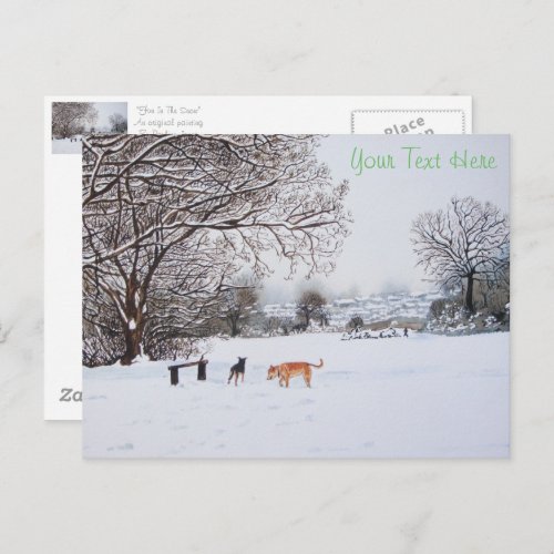 dogs playing snow scene landscape at christmas postcard