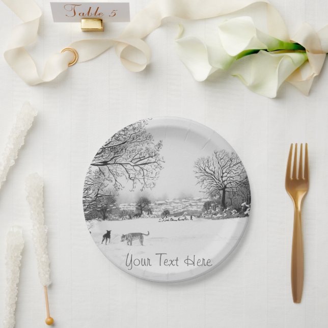 dogs playing snow scene landscape monochrome paper plates (Wedding)