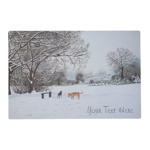 dogs playing snow scene original landscape art placemat