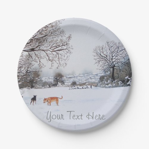 dogs playing winter snow scene landscape christmas paper plates