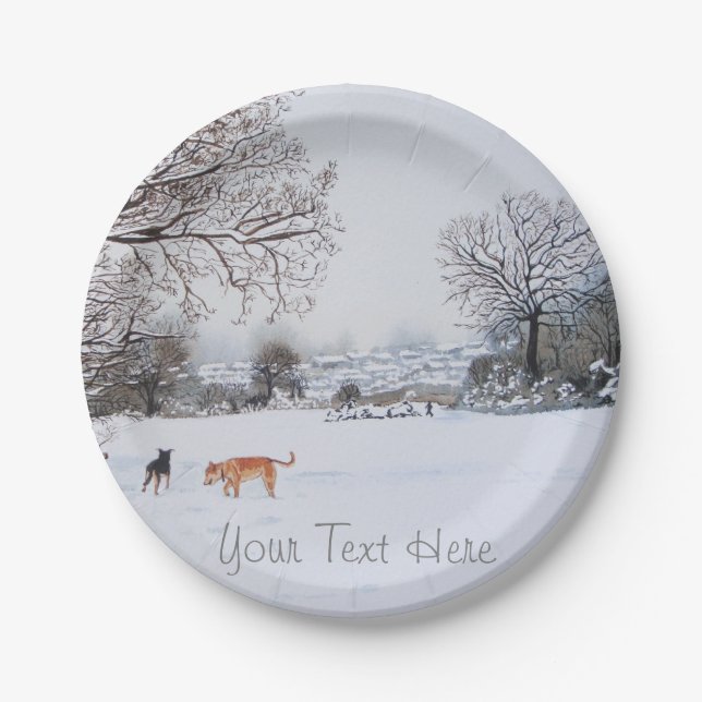 dogs playing winter snow scene landscape christmas paper plates (Front)