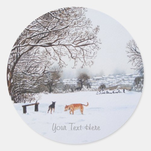 dogs playing winter snow scene landscape classic round sticker