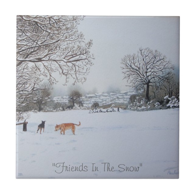 dogs playing winter snow scene landscape painting ceramic tile (Front)