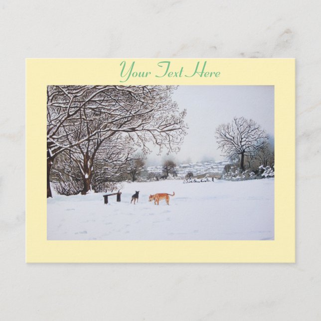 dogs playing winter snow scene landscape painting postcard (Front)