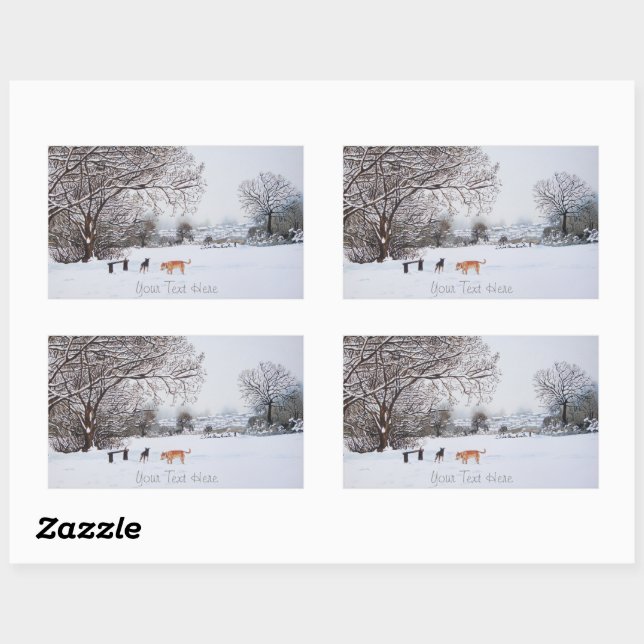 dogs playing winter snow scene landscape painting rectangular sticker (Sheet)