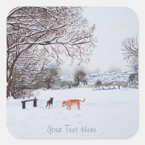 dogs playing winter snow scene landscape painting square sticker