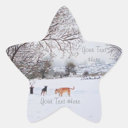 dogs playing winter snow scene landscape painting star sticker