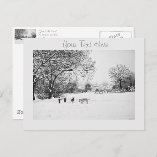 dogs playing winter snow scene landscape postcard