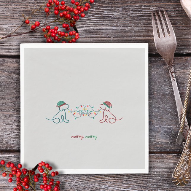Dogs Playing with Christmas Lights Party Napkins (Merry Merry Napkin featuring 2 cute dogs with winter hats and Christmas lights.  Holiday Party Time!)