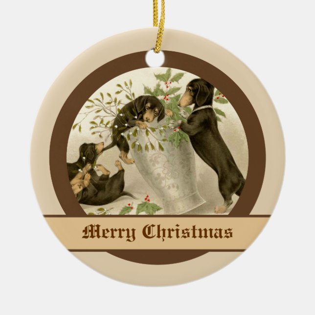 Dogs playing with Christmas mistletoe & holy berry Ceramic Ornament (Front)