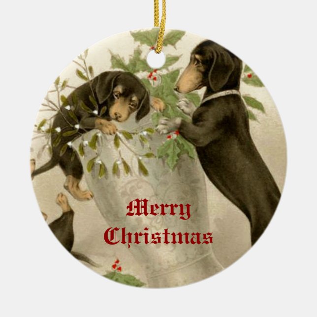 Dogs playing with Christmas mistletoe & holy berry Ceramic Ornament (Front)