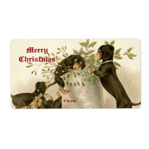Dogs playing with Christmas mistletoe & holy berry Label