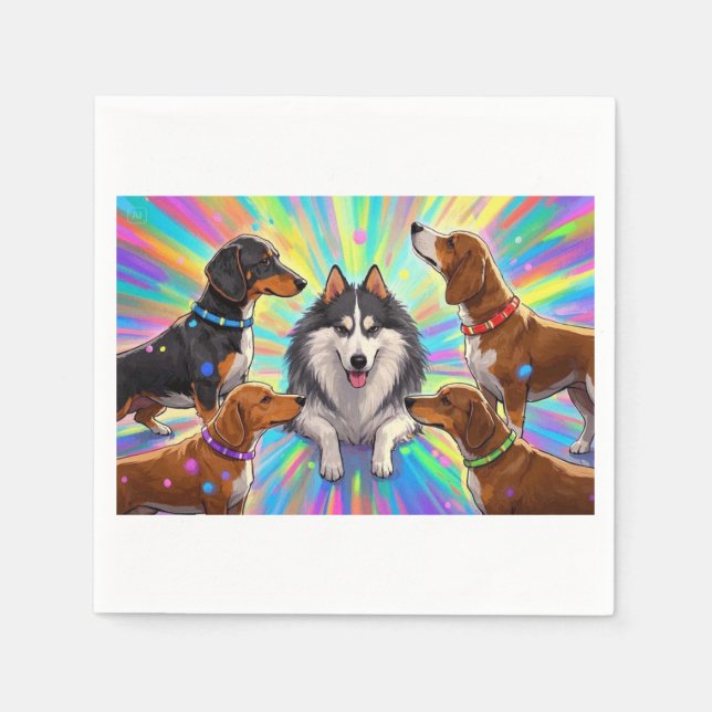 Dogs Puppies with rainbow background  Napkins (Front)