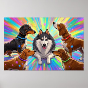 Dogs Puppies with rainbow background  Poster