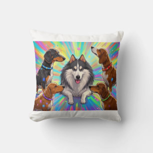 Dogs Puppies with rainbow background Throw Pillow