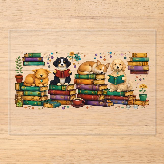 Dogs Reading Books Cozy Library Scene Acrylic Invitations (Front)