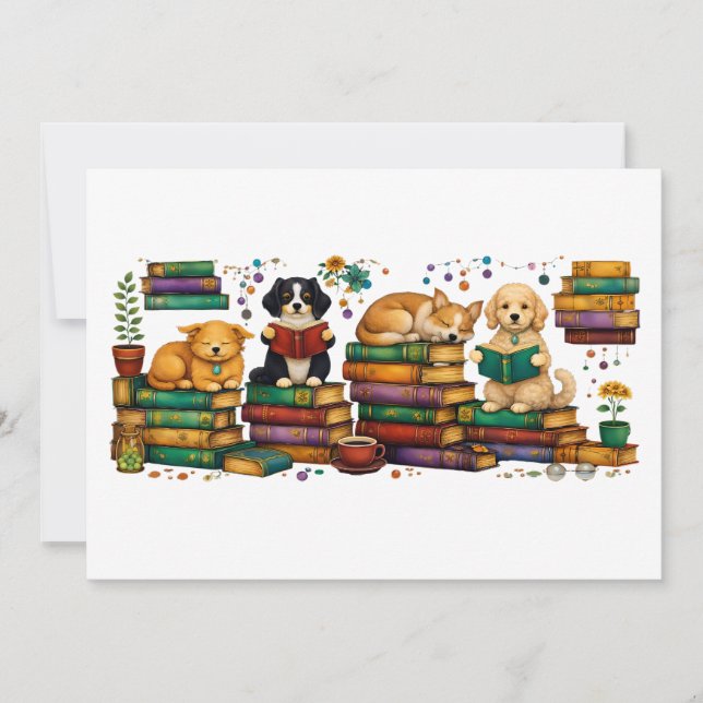 Dogs Reading Books Cozy Library Scene Invitation (Front)
