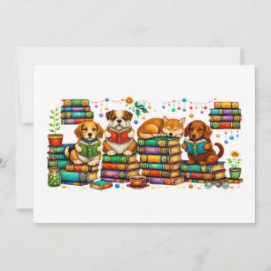 Dogs Reading Books Cozy Library Scene Invitation