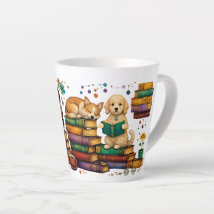 Dogs Reading Books Cozy Library Scene Latte Mug