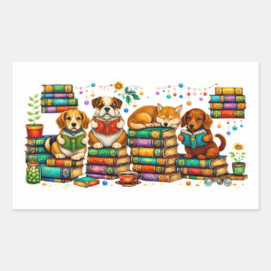 Dogs Reading Books Cozy Library Scene Rectangular Sticker