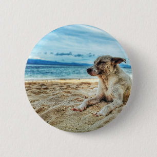 Dog's Relaxing Day at the Beach, Ocean Sand & Sun Button