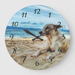 Dog's Relaxing Day at the Beach, Ocean Sand & Sun Large Clock