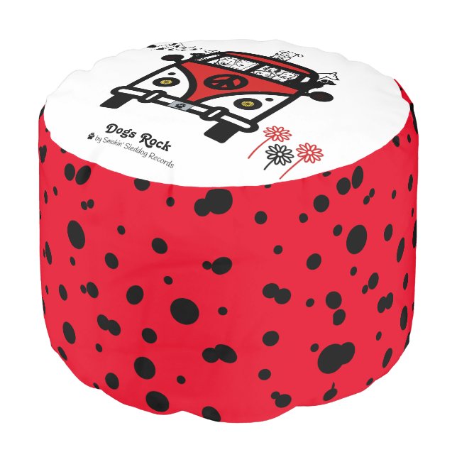 Dogs Rock Hippie Bus Polyester Round Pouf (Angled Front)