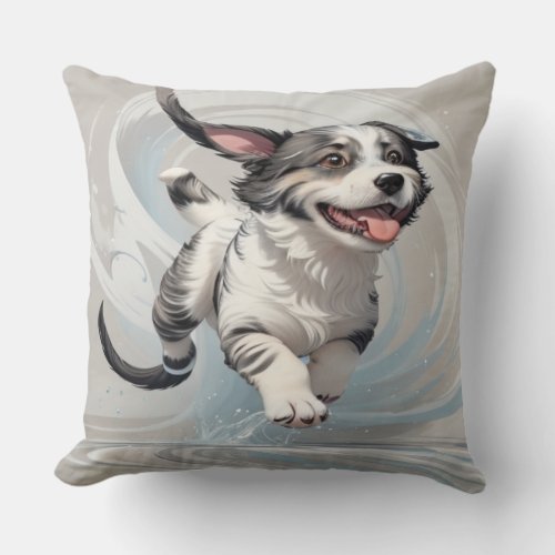 Dogs running across the water throw pillow