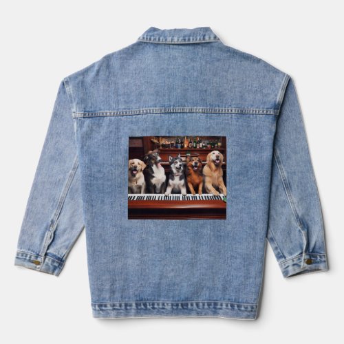 Dogs singing at the piano in a bar Number 4 Long S Denim Jacket