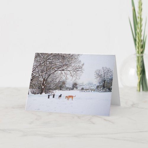 dogs snow covered trees winter landscape scenic holiday card