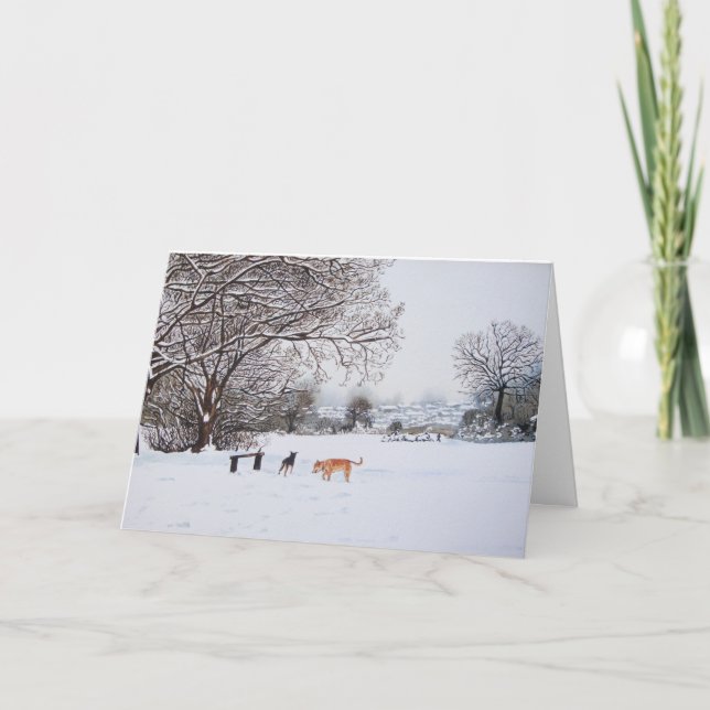 dogs snow covered trees winter landscape scenic holiday card (Front)