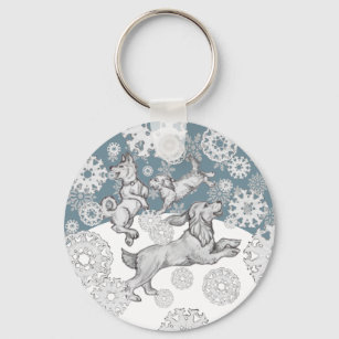 Dogs & Snowflakes Blue White Fun Holiday Accessory Keychain