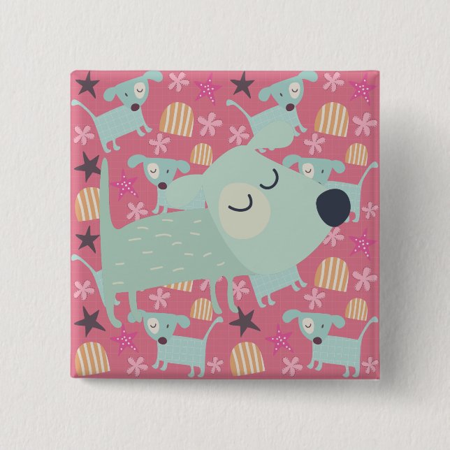 Dogs, Stars, and Flowers Pinback Button (Front)