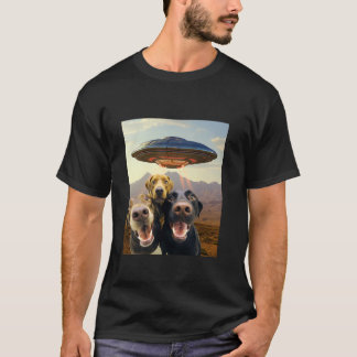 Dogs Taking Selfie with UFO Funny Alien Puppy Dog  T-Shirt