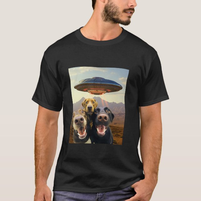 Dogs Taking Selfie with UFO Funny Alien Puppy Dog  T-Shirt (Front)