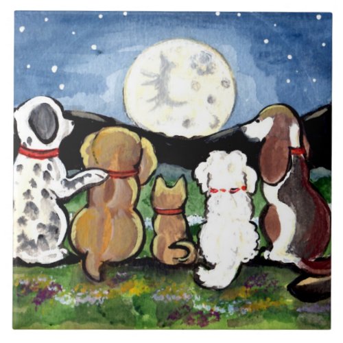 Dogs Watching Moon Dark Blue 6 Tile Trivet