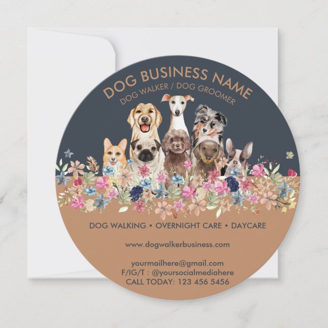 Dogs with flowers circle invitation