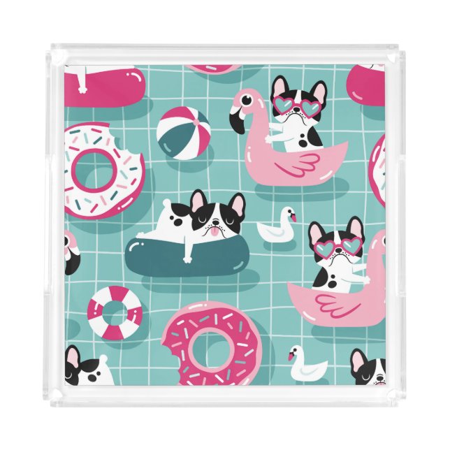 Dogs with pool floats, vintage pattern. acrylic tray (Front)