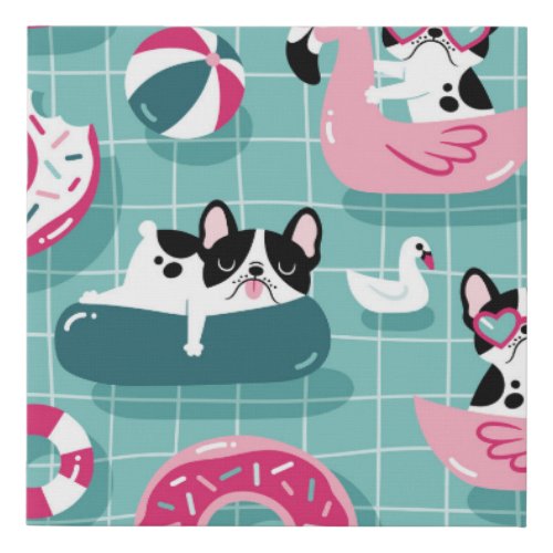 Dogs with pool floats vintage pattern faux canvas print