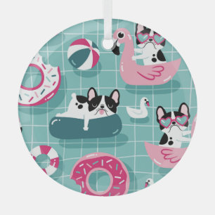 Dogs with pool floats, vintage pattern. glass ornament
