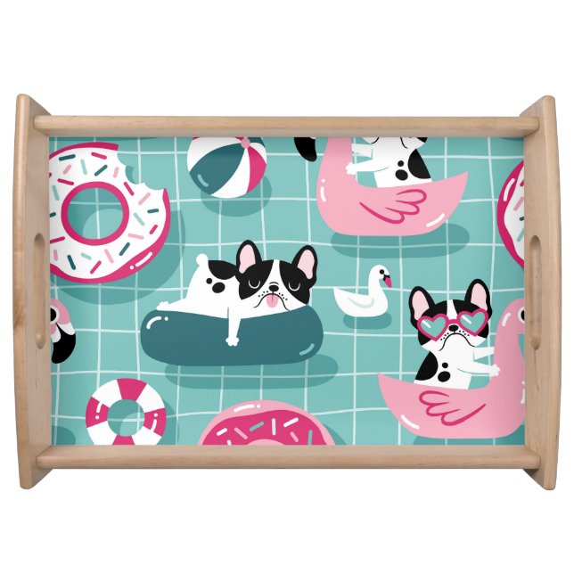 Dogs with pool floats, vintage pattern. serving tray (Front)