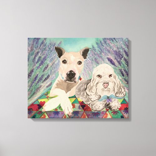Dogs with quilt in lavender field canvas print