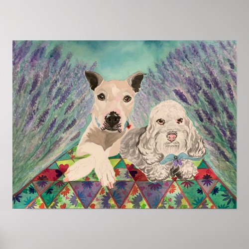 Dogs with quilt in lavender field poster