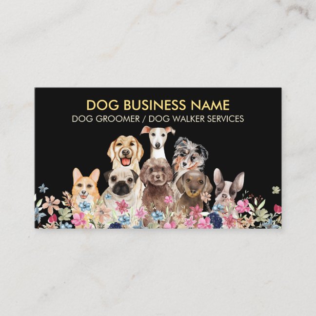 Dogs with Watercolor Flowers Business Card