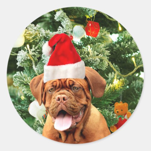 Dogue de Bordeaux Christmas Tree Snowman Gift Box Classic Round Sticker