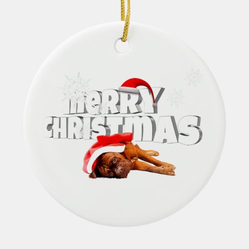 Dogue de Bordeaux dog Santa Hat Merry Christmas Ceramic Ornament