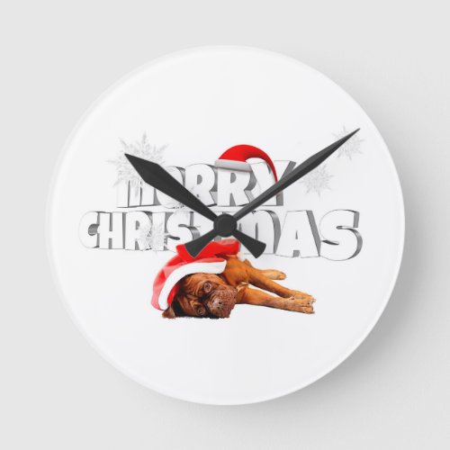 Dogue de Bordeaux dog Santa Hat Merry Christmas Round Clock
