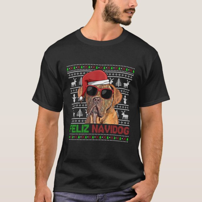 Dogues De Bordeaux Dog Feliz Navidog Funny Christm T-Shirt (Front)
