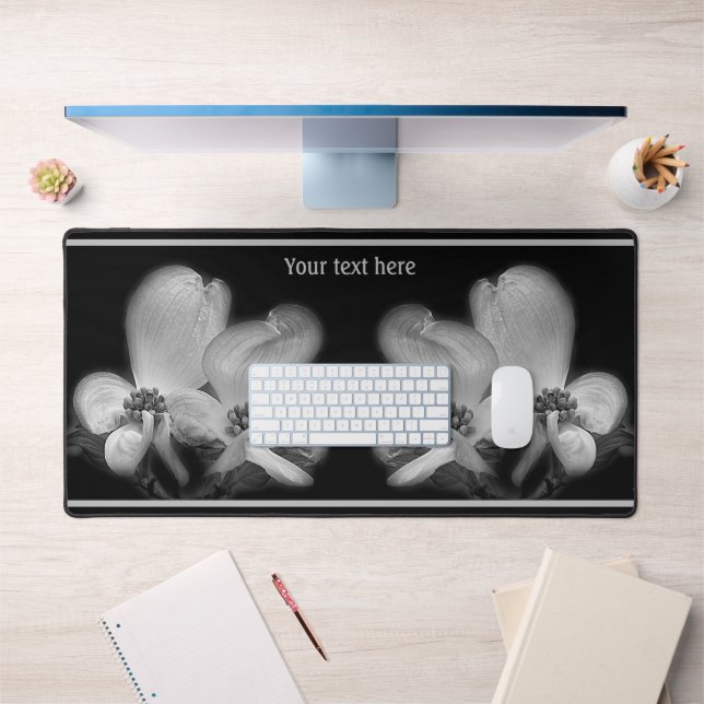 Dogwood Blossoms In Black And White Personalized Desk Mat (Office 1)